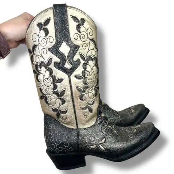 J.B. Dillon Calf Pointed Toe Black Gold Cowhide Leather Western Cowboy Boots 7.5 - Picture 2 of 10